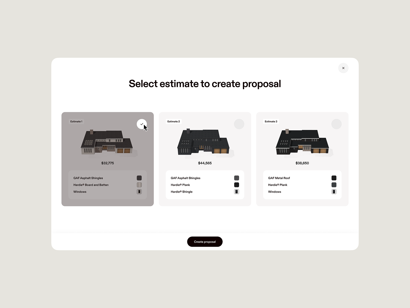 Screen showing three Hover Proposal options