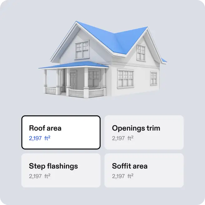 Example of a 3D rendering of a home's roof with variety of measurements.